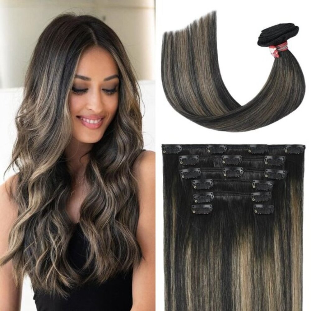 New Balayage Ombre Black Mixed Brown Hair Extension 70g 15" 7pcs Clip-Ins #1/6/1